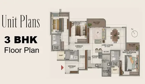 Sobha Aurelia 3 BHK floor plan, 1,600–1,900 sq.ft. super built-up area