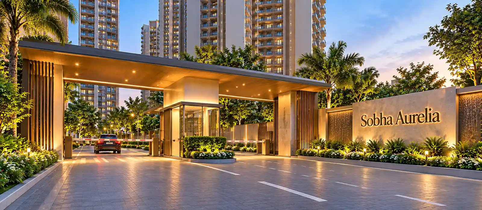 Grand entrance and arrival plaza at Sobha Aurelia, Sarjapur, Bengaluru