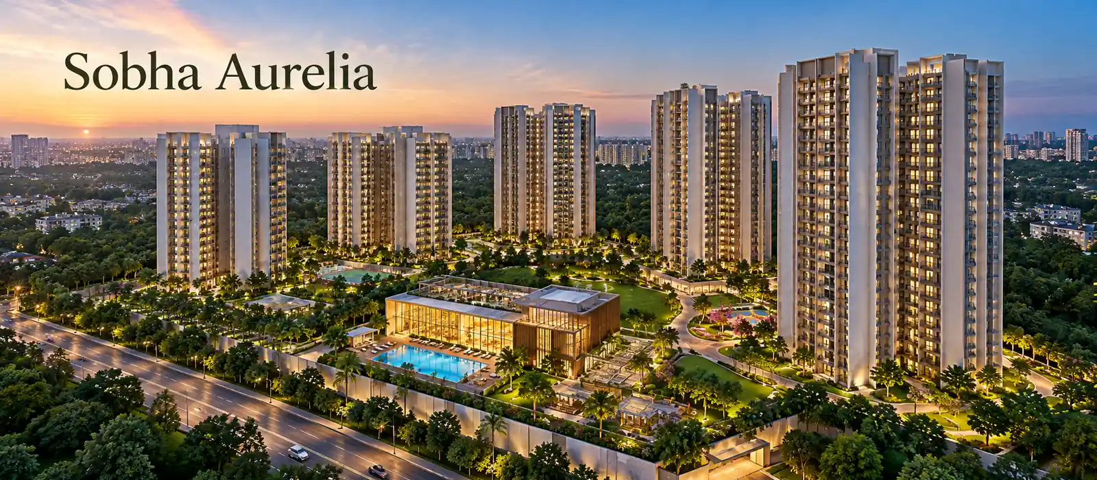 Landscaped central greens and apartment towers at Sobha Aurelia, Sarjapur, Bengaluru